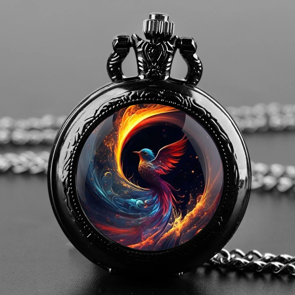 Colorful Bird Glass Dome Black Quartz Pocket Watch with Arabic Numerals Dial and Durable Chain Retro Gift for Men Women
