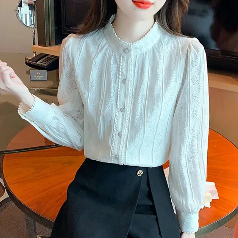 

Fashion Beading Stand Collar Apricot Lace Blouse Shirt Women Tops Shirts Blusas Mujer De Moda 2024 Long Sleeve Blouse Women G812