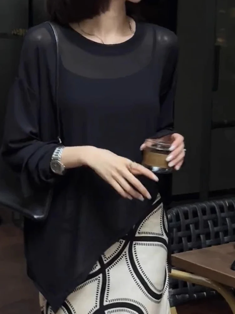 ピュアカラーニットウェア長袖アイスシルクラウンドネックシンプルスタイル高級初秋トレンドトップスヘッドオーバーシャツスイートスタイル