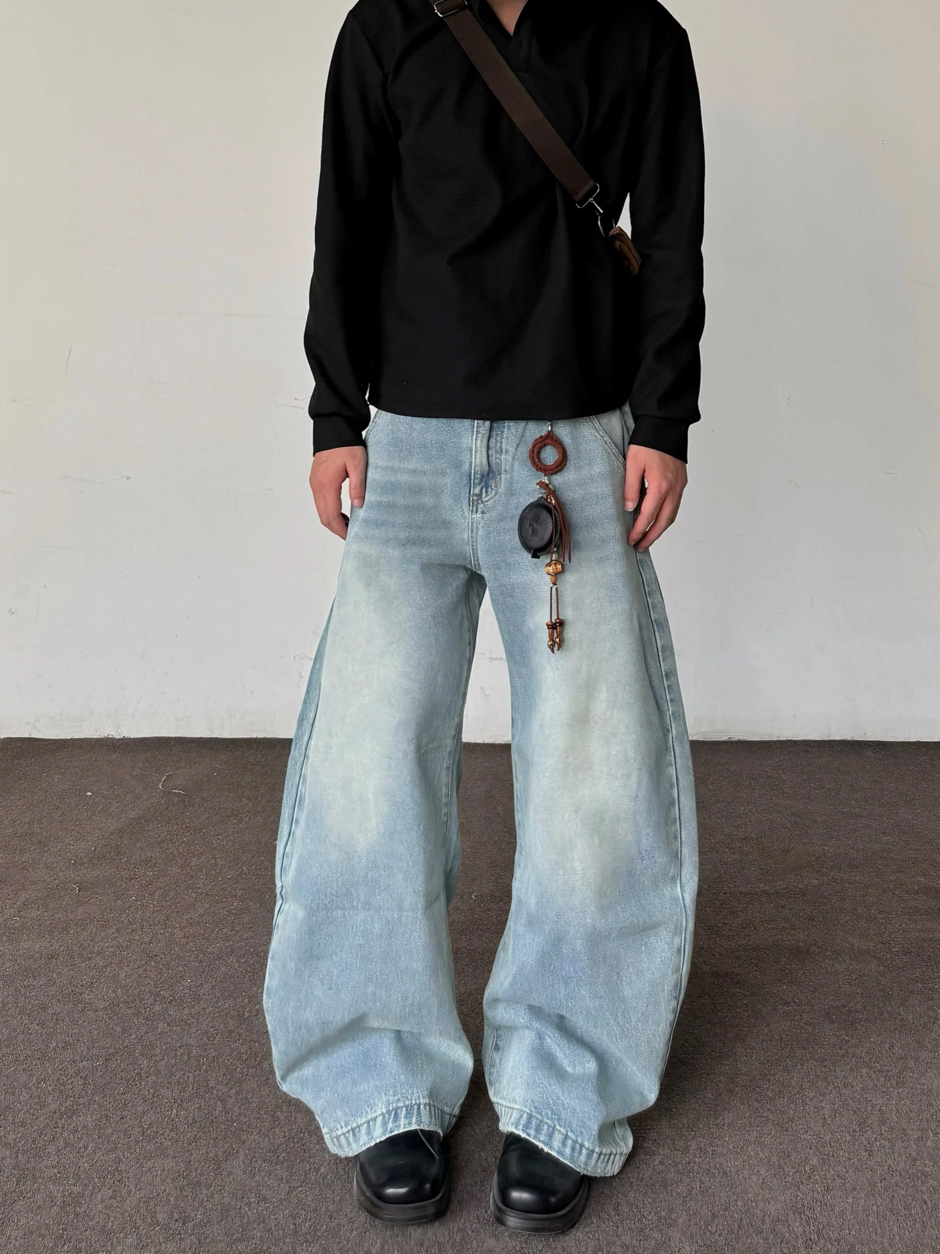 

Cleanfit синие джинсы с изогнутыми ножками, свободные широкие брюки в американском стиле ретро, повседневные прямые брюки для молодых мужчин