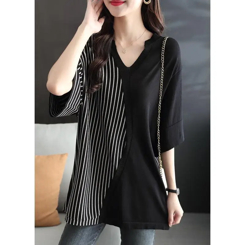 

Fashion V-Neck Knitted Spliced Asymmetrical Striped Blouses Women's Clothing 2024 Summer New Loose Casual Tops Commuter Shirts