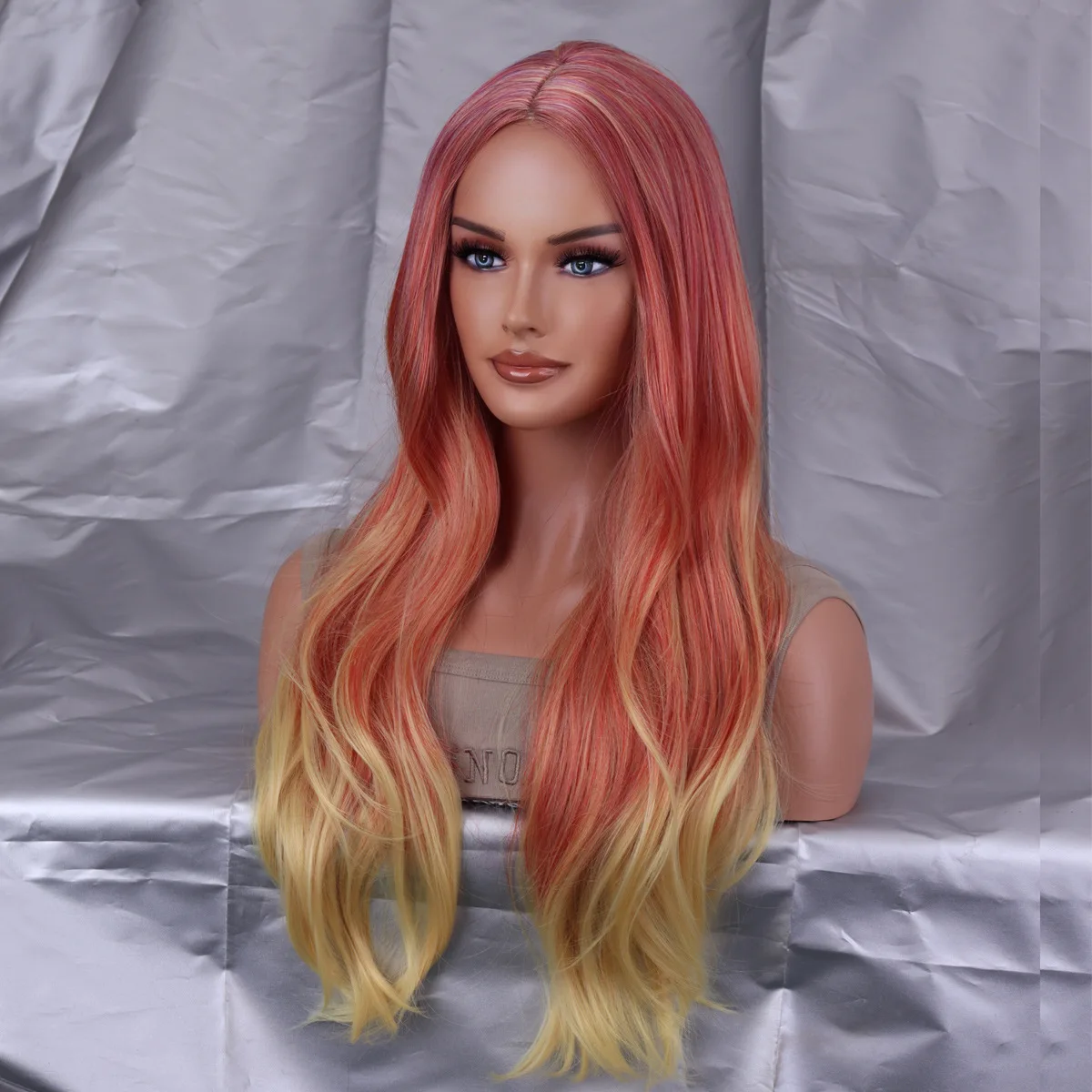 Mulher de peruca branca europeia e americana, mudança gradual rosa amarelo longo cabelo encaracolado seda de alta temperatura cobertura de cabeça cheia