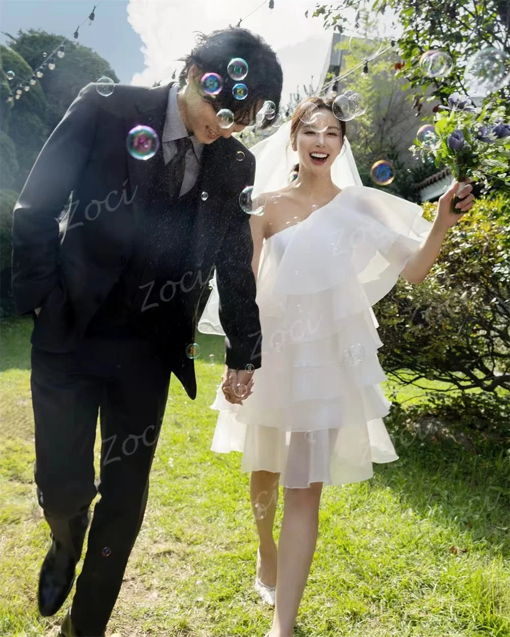 Zoci عاجي A Line الأورجانزا فساتين زفاف مخصصة كوريا العروس كتف واحد زي العرائس طبقات فستان الزفاف التصوير 2026