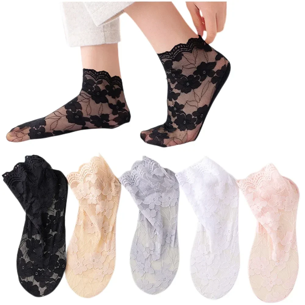 Ladies\' Lovely Floral Lace Socks Fashion Summer Mesh Short Sweet Hollow Chaussette Soft Cotton Bottom Non-Slip Loose Sokken