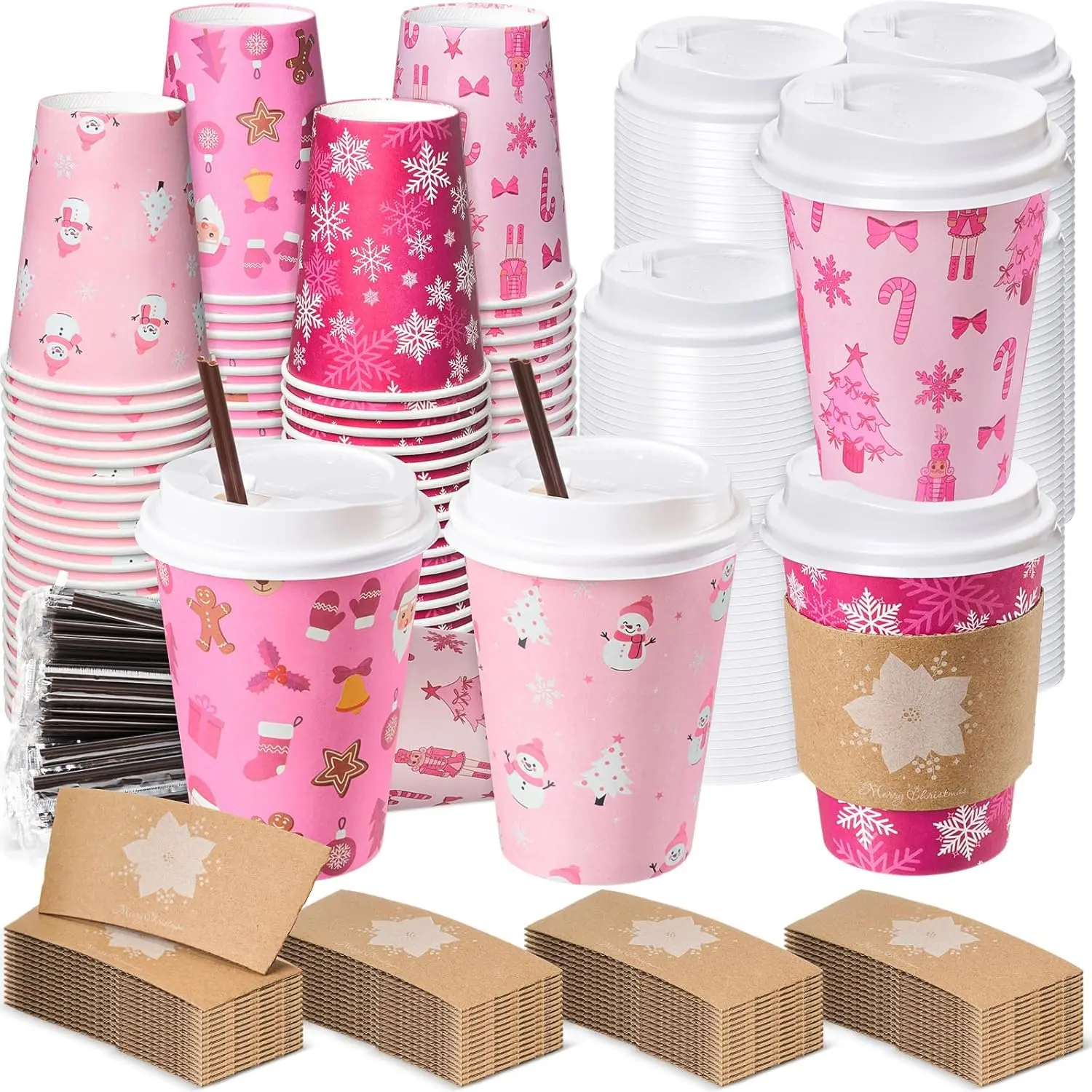 

100 Sets Pink Christmas Disposable Coffee Paper Cups Bulk with Lids Sleeves & Straws, 12 oz Xmas Snowman Snowflake Coffe