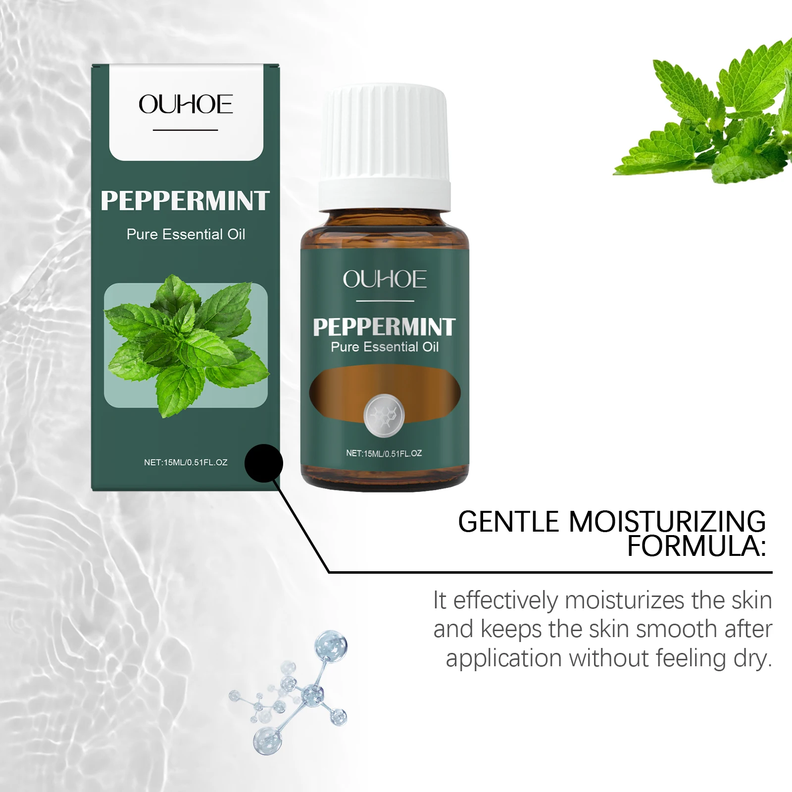 OUHOE Peppermint Pure Essential Oil - Cool Sensation, Relax Body & Mind, Muscle Relief, All Skin Types, Multifunctional Use