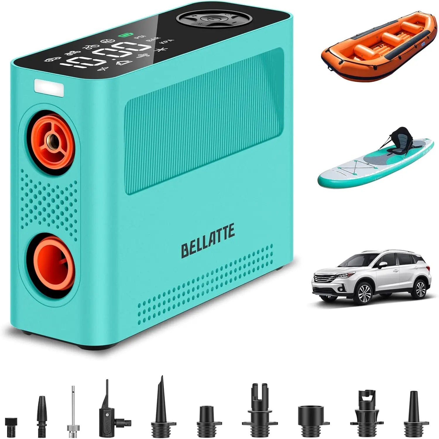 

Electric Paddle Board Pump 150PSI - 4X Faster, Auto Air Compressor for SUP, Bike, Ball, Tent, Kayak, Car Tires (Portable All-in-