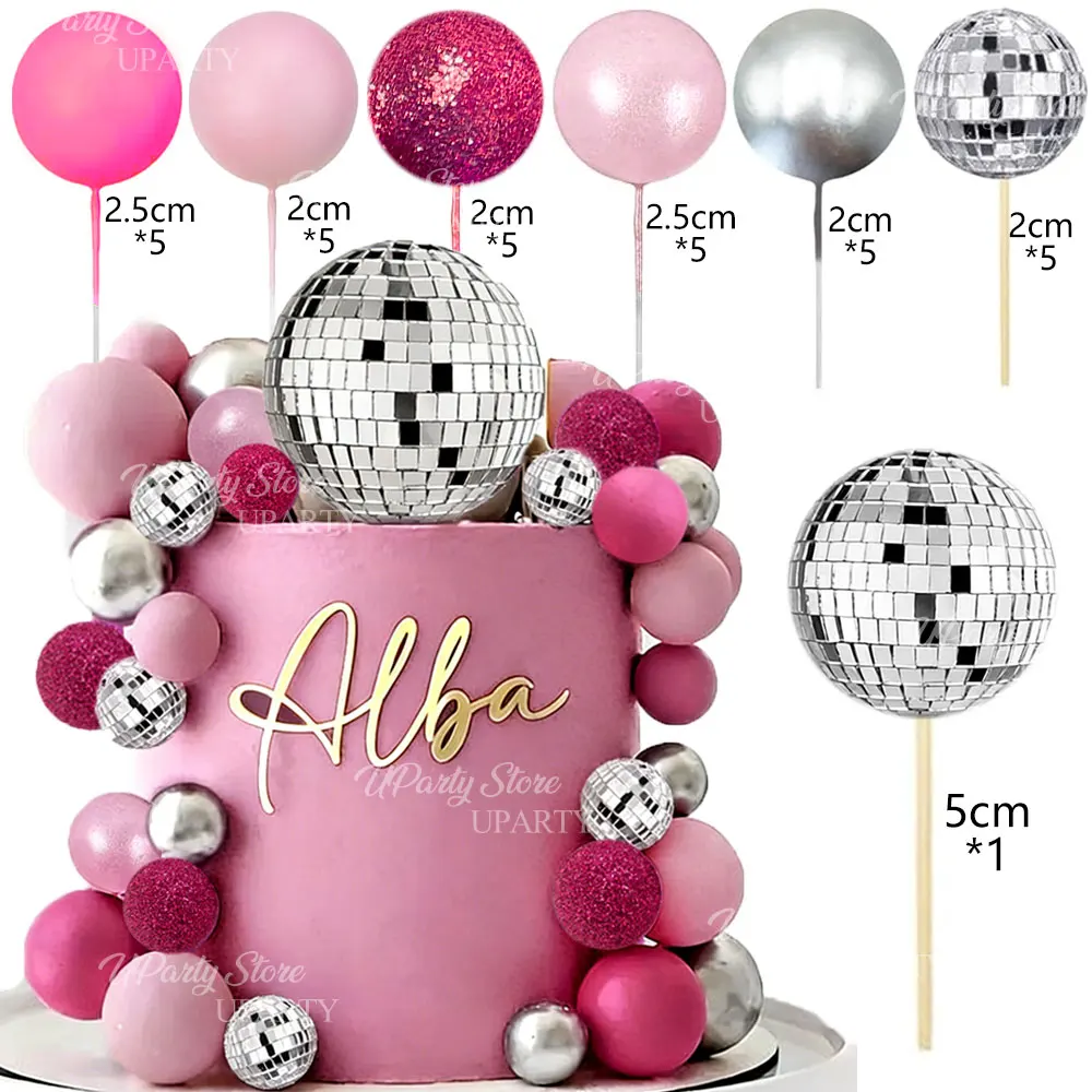 31-teiliges Disco-Kugel-Kuchendekor-Set, Perlglanz-Rosa Kuchenkugeln, Spiegel-Discokugeln zur Kuchendekoration für Geburtstag, Hochzeit und Party – Detail 7