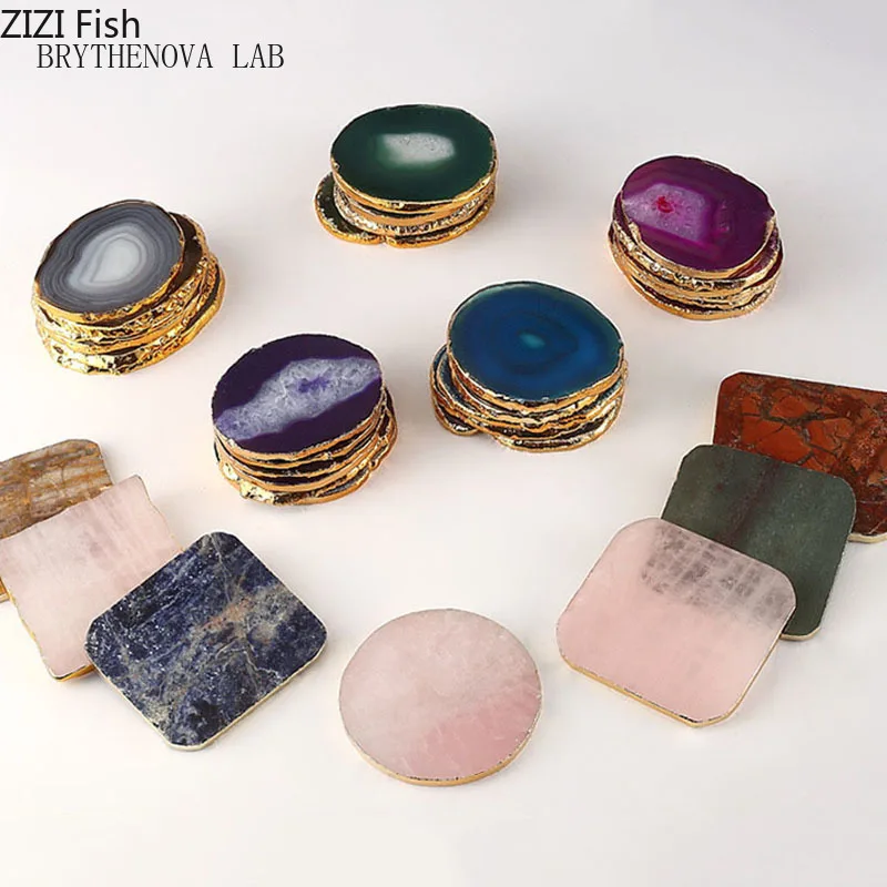 Colored Agate Stone Coaster Coffee Cup Insulation Mat Dinner Table Tray Storage Gold Edges Gemstone Coaster Teacup Tray Cup Mat