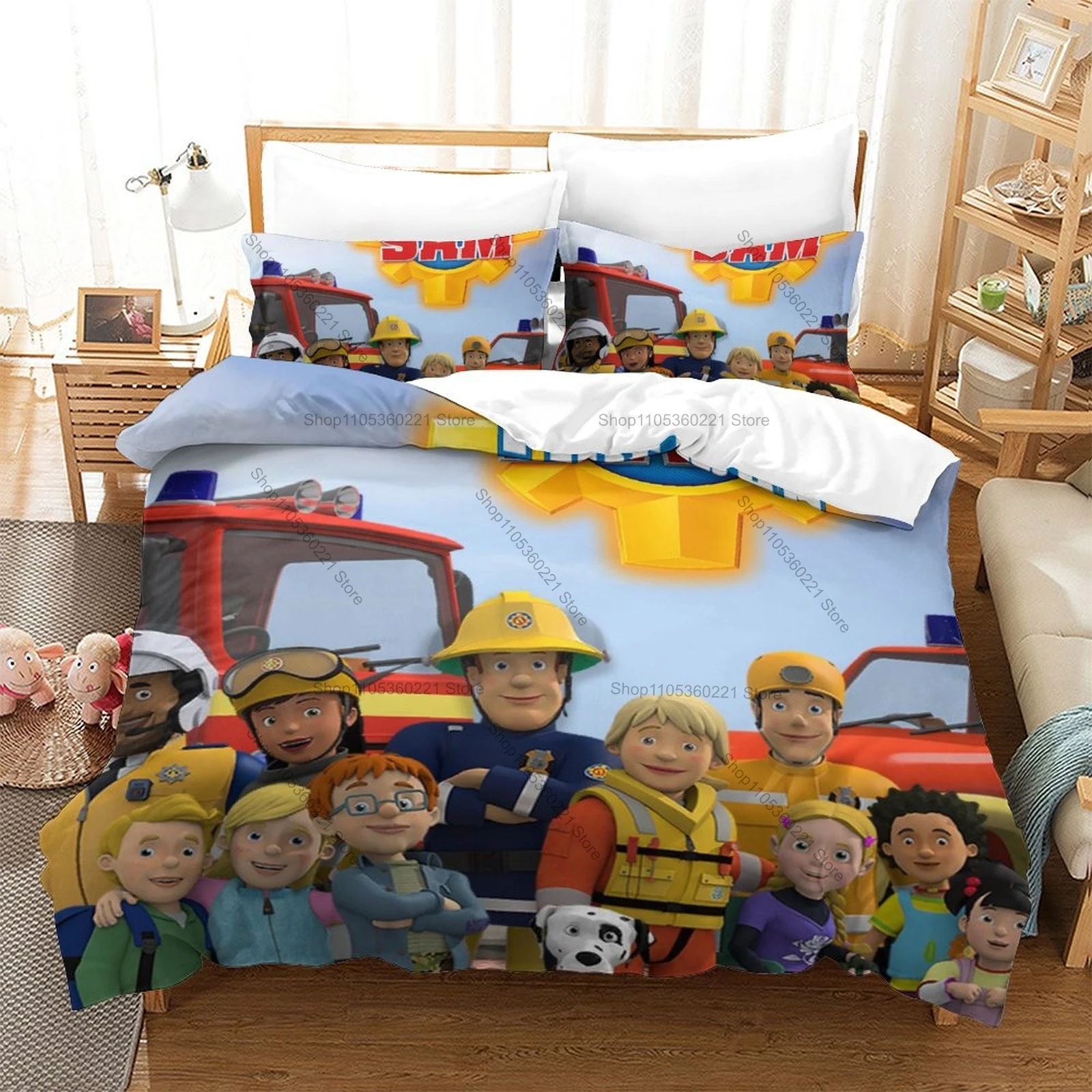 Cute Fireman Sam Rescue Cartoon Fire Engine HD Print Bedding Set Duvet Cover + 2 Pillowcases Polyester Boys/Girls Room Decor