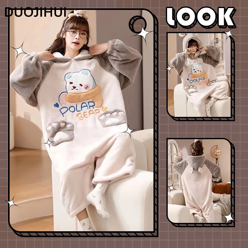 

DUOJIHUI Classic Hooded Chic Print Pocket Onsies Pajamas for Woman Winter Flannel Thick Warm Fashion Loose Female Night Onesies