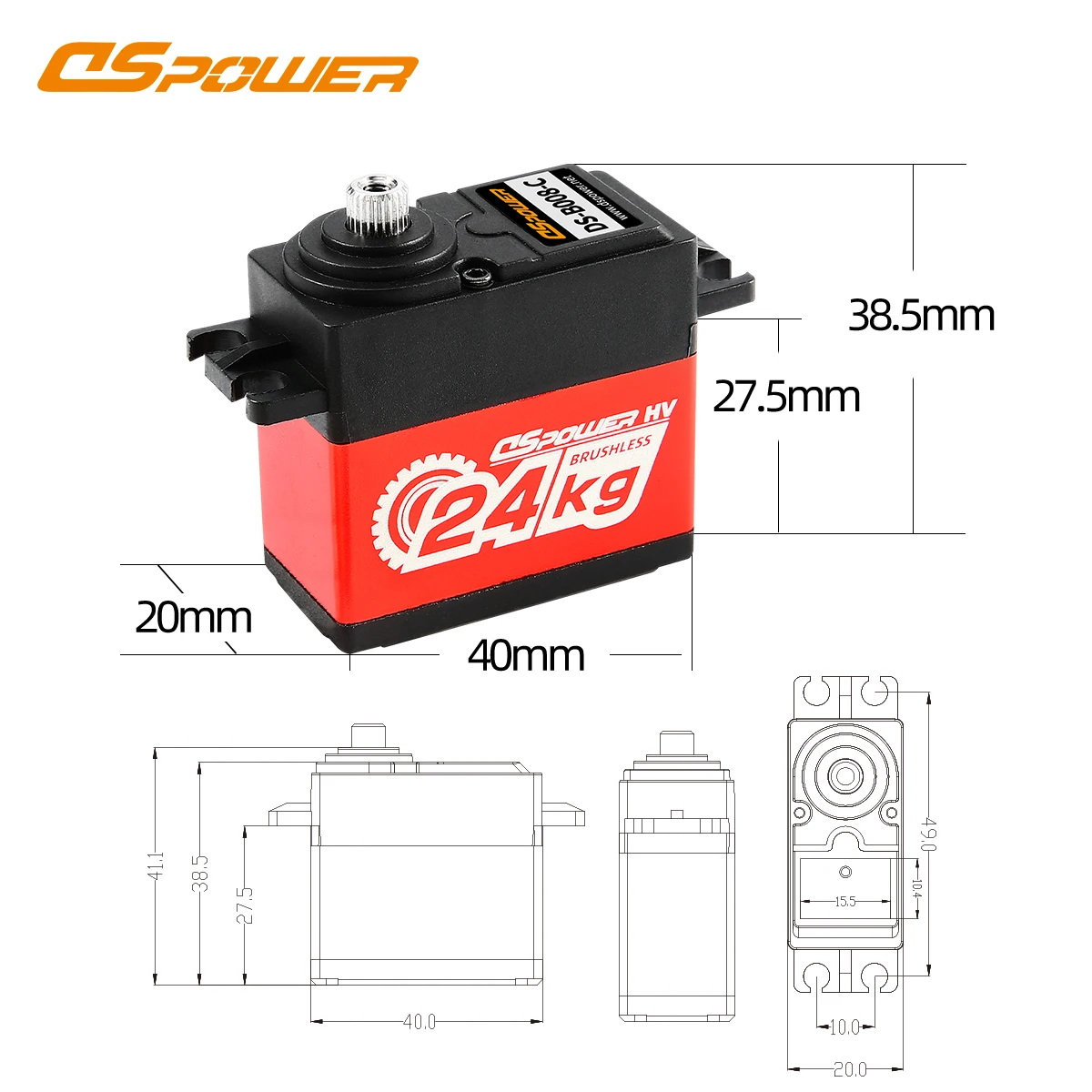 DSPOWER 24KG Servo de engranaje de Metal sin núcleo sin escobillas resistente al agua 180/300 grados para 1/8 1/10 RC coche Crawler Robot Wltoys SCX10