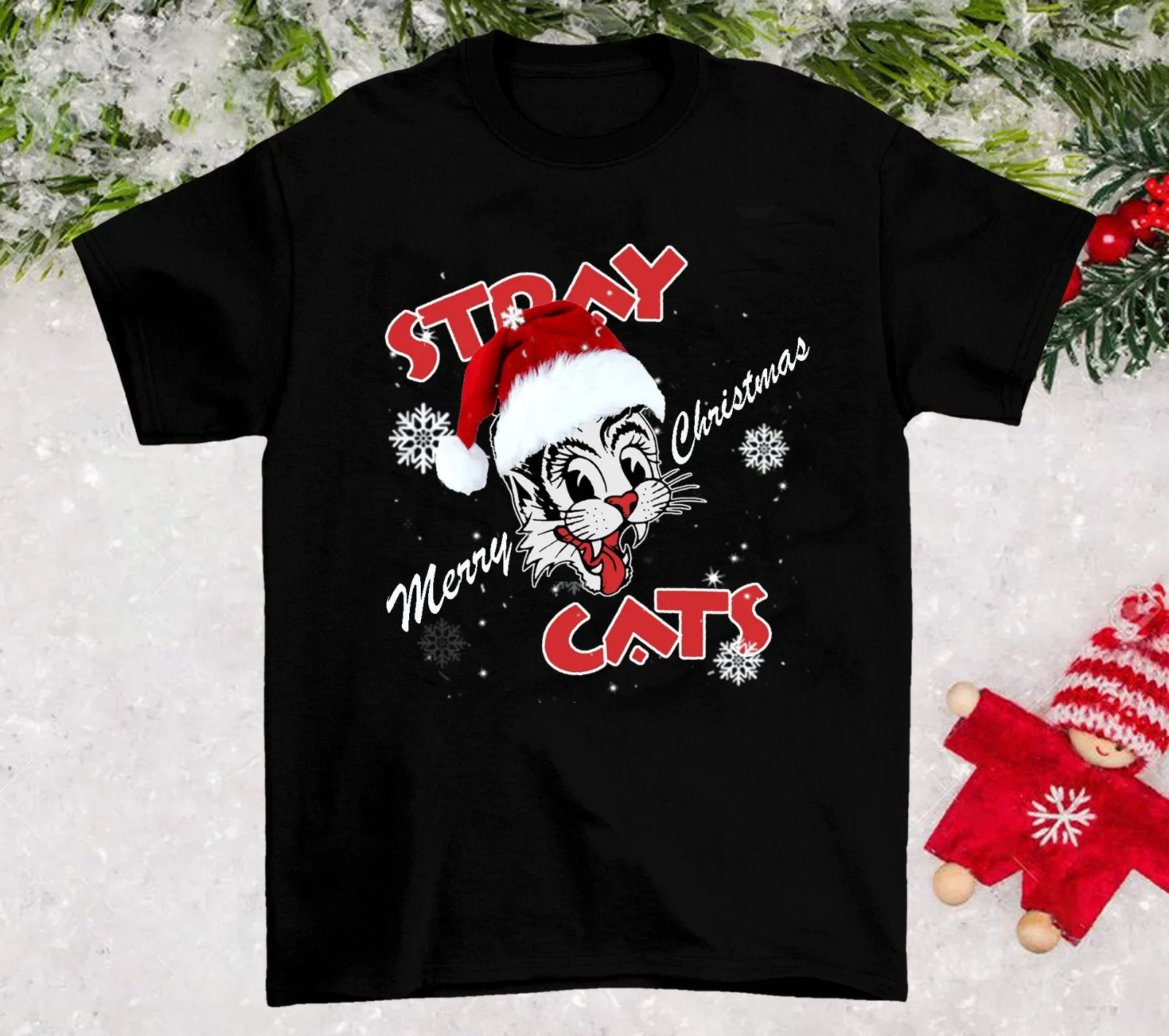 Santa Stray Cats Merry Christmas Black Size S To 4Xl Funny T Shirt Ac286