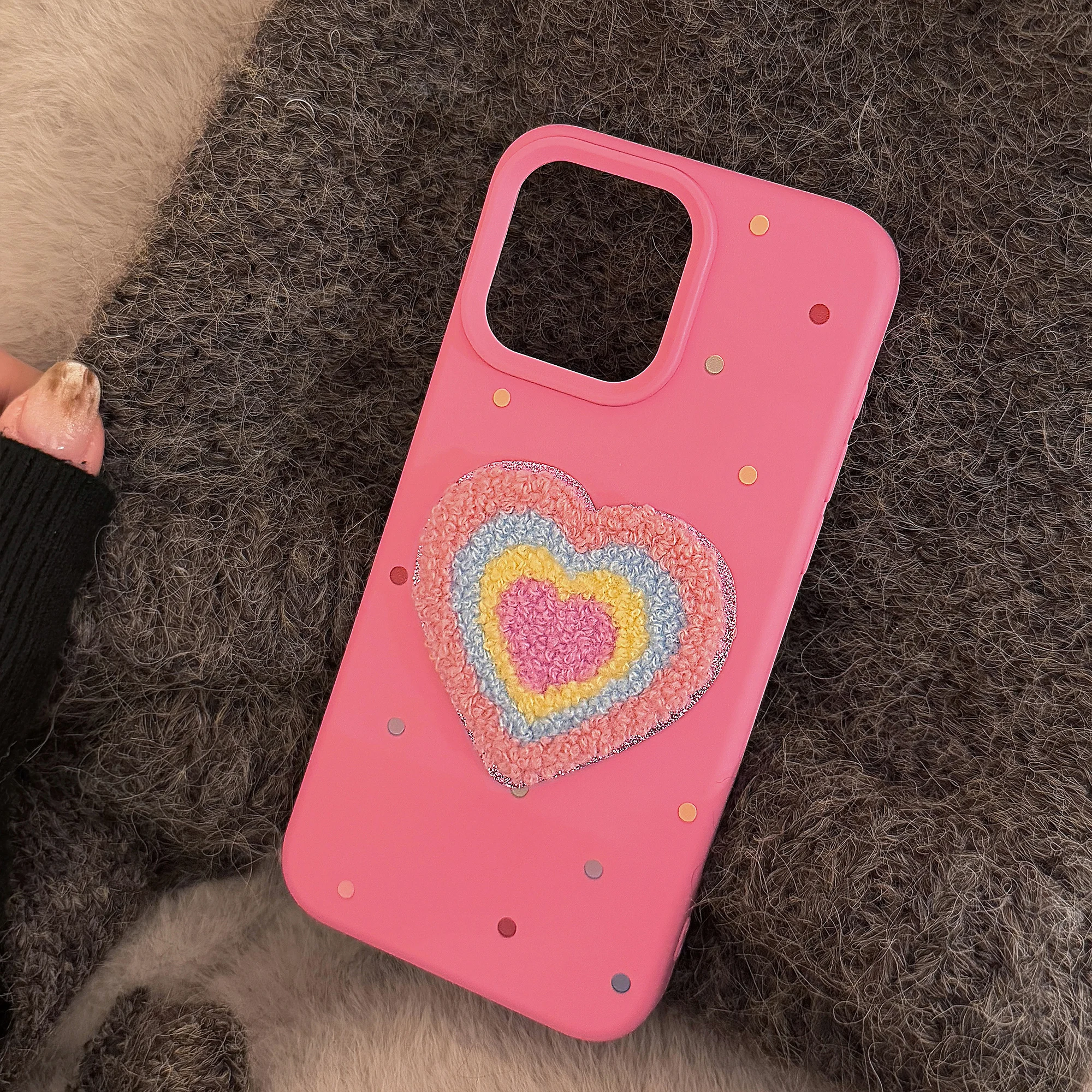 Ins Colorful Embroidery Love Heart Hair Ball Bracelet Phone Case for iPhone 16 15 14 13 12 Pro Max 11 Back Cover Funda