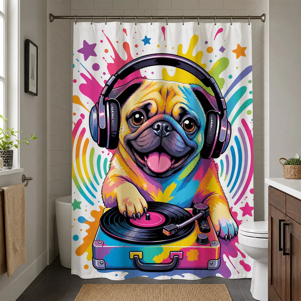 Cute Pug Dog Pop Art Shower Curtain Waterproof Funny Music Turntable Decor Novelty Bath Curtain for Modern Bathroom Decor Home G