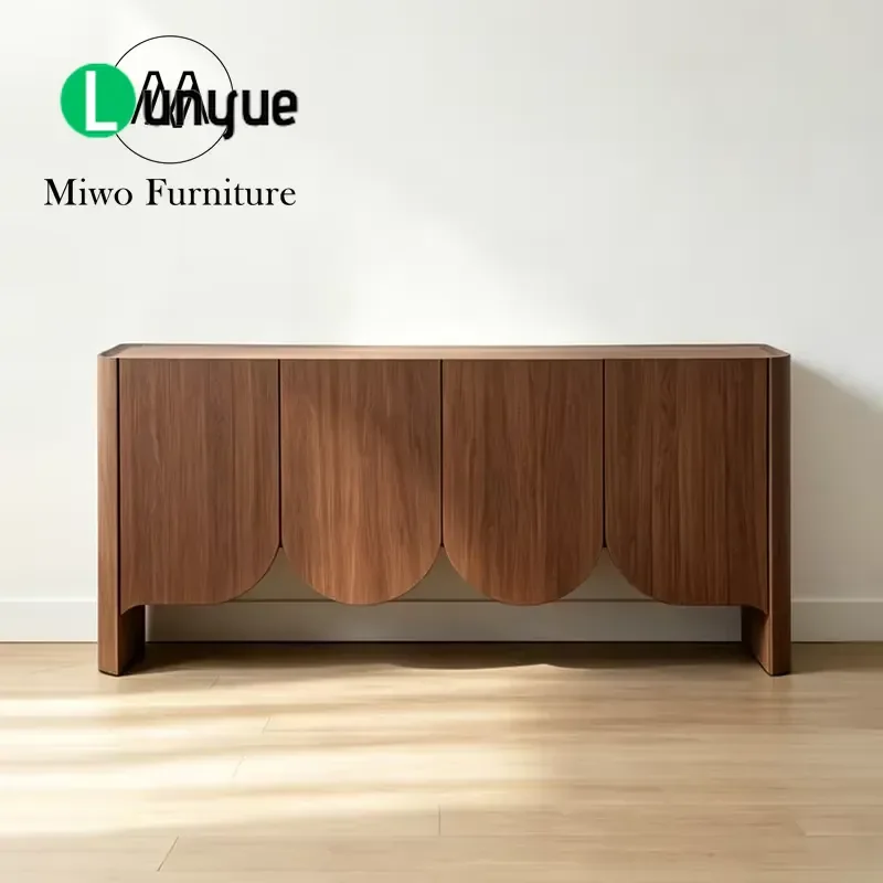 Modern Walnut Veneer Side Cabinet 4 Door Corrugated Fan Shaped Front Panel Locker Storage Furniture For Living Room Entrance