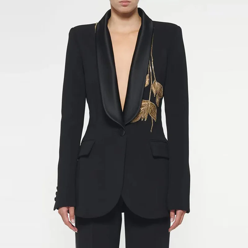 Blazer et pantalon à simple boutonnage pour femme, ensemble perlé doré imbibé, veste formelle, manteau d'affaires, tenue de Rh, bureau, dame, 2 pièces