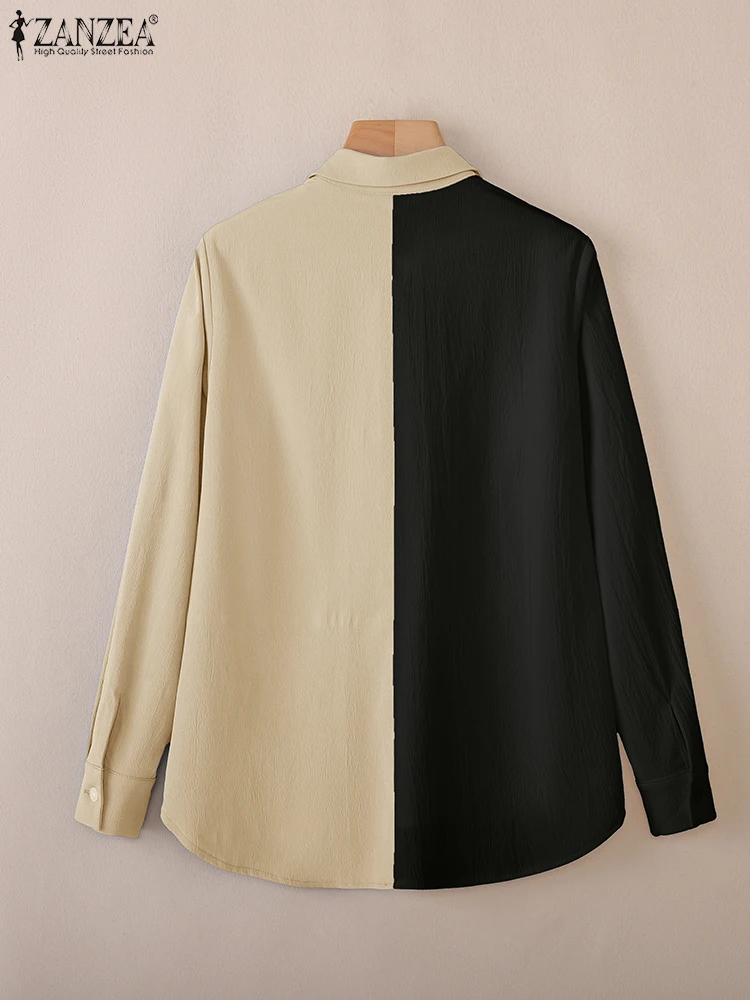 2025 ZANZEA قمصان مكتب الخريف المرقعة القمم أنثى OL العمل بلوزة أزرار Blusas أنيق المرأة التلبيب الرقبة طويلة الأكمام قميص #3