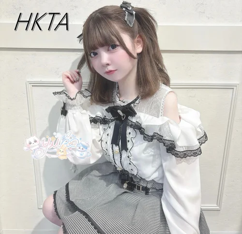 Imagen 2 del producto Blusa japonesa Liz para mujeres y niñas, camisa bonita de gasa Lolita, lazo dulce, hebilla de diamante, camisas de manga larga con hombros descubiertos