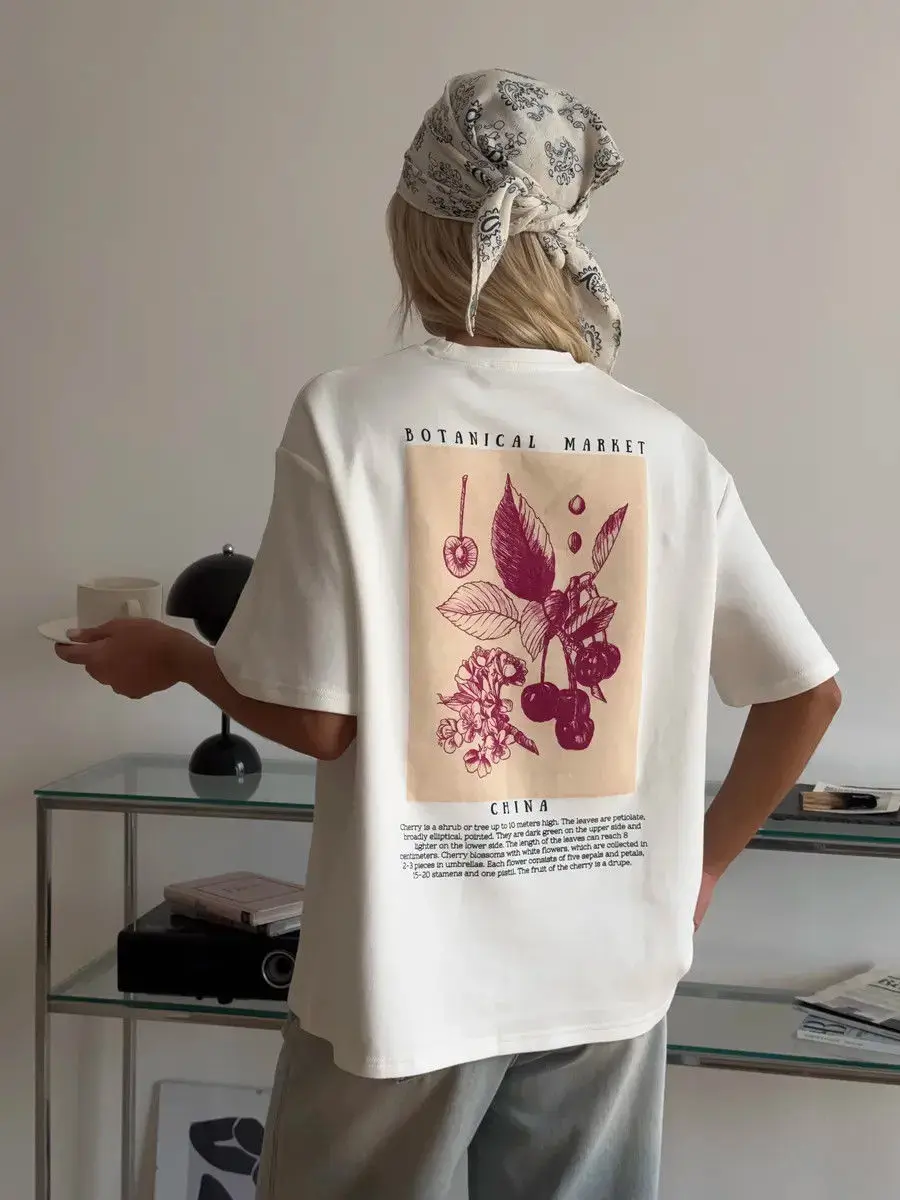 100% Pure Cotton Botanical Plant Aesthetic Graphic Tee Design Back Printed Temperament Women Summer Comfortable T-shirts Loose