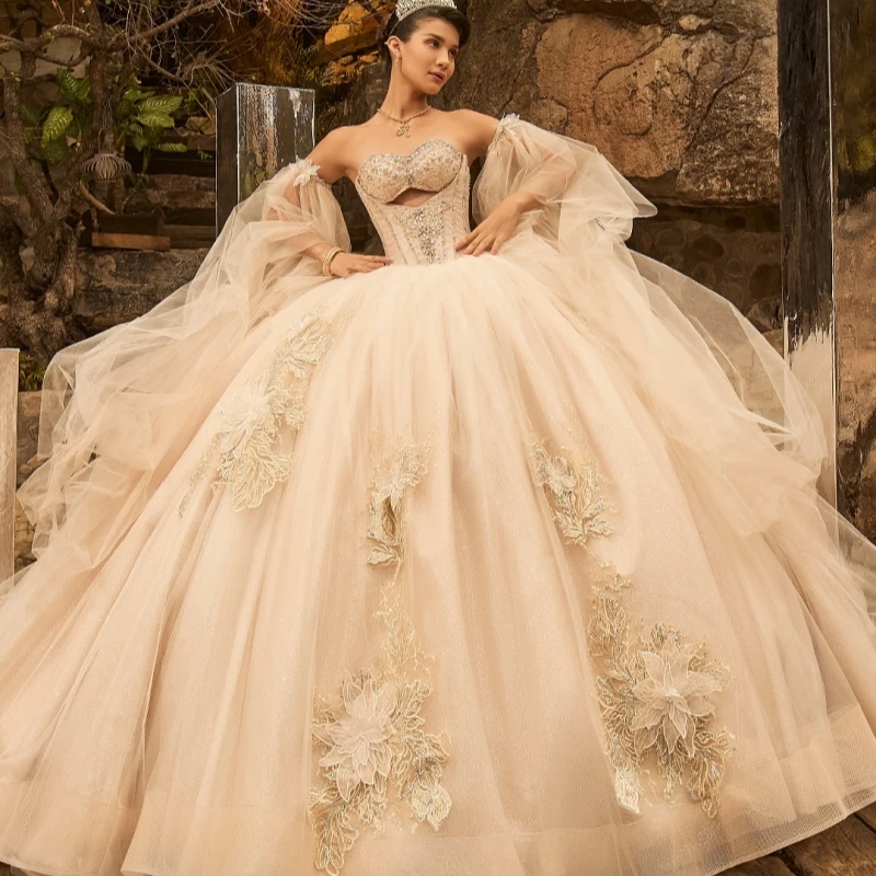 

Champagne Shiny Princess Sweet 16 Dress Quinceanera Dresses Applique Flower Beads Bow Tull Party Birthday Vestidos 15 De Anos