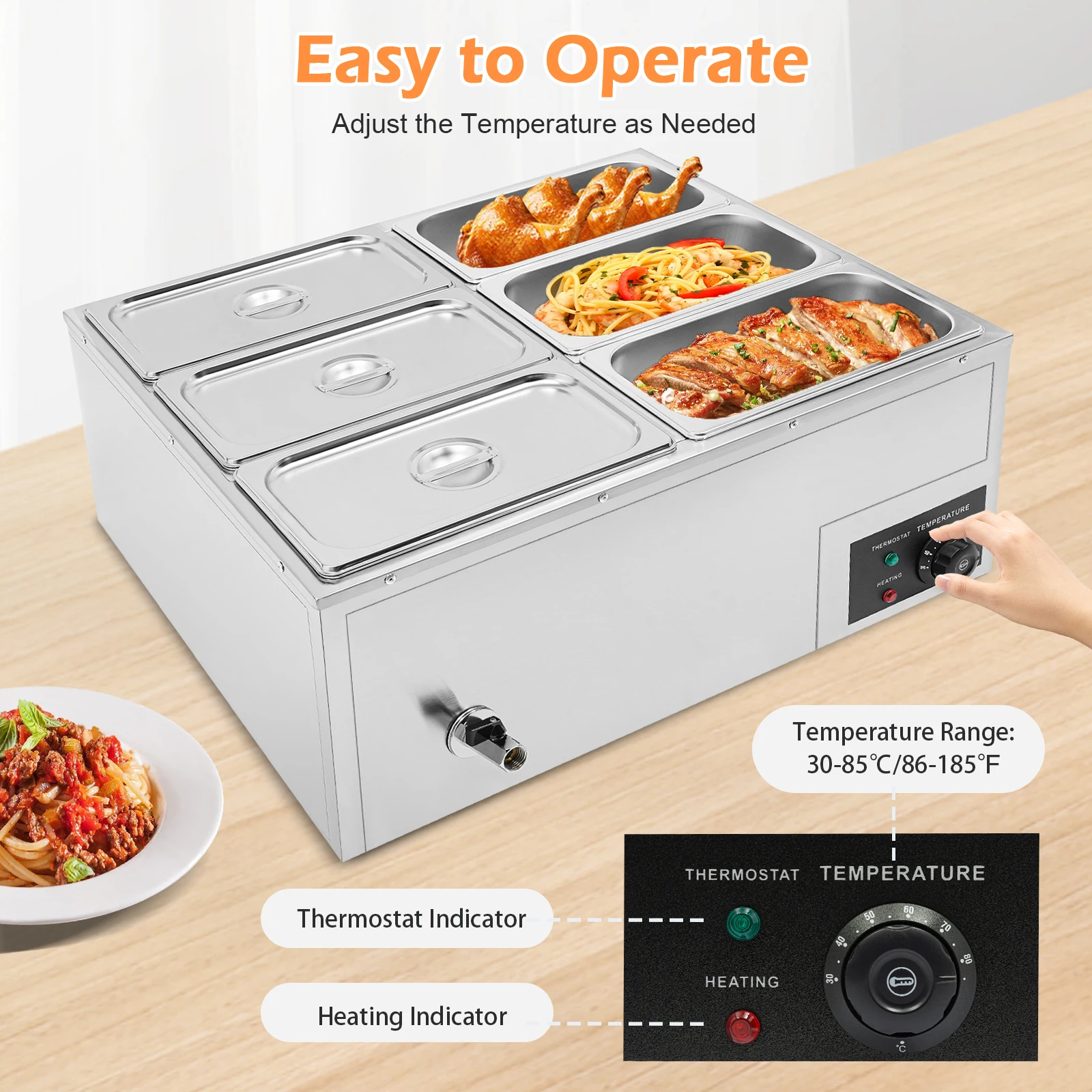 6-Pan Commercial Electric Food Warmer Stainless Steel 850W Thermostat Control Insulation Lid Buffet Steam Table