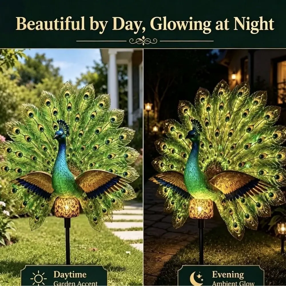 Solar Powered Solar Peacock Garden Light Auto-On LED Weather Resistant Peacock Garden Sculpture Glowing Tail