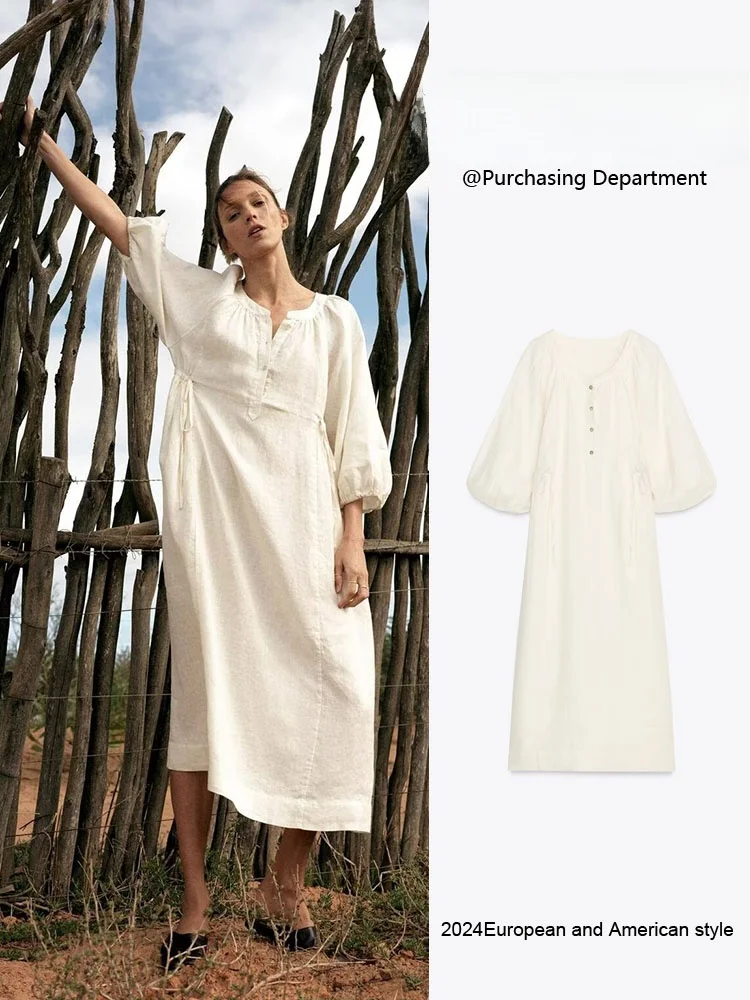 

Fashionable Simple Pure Color Long Shirt Style Dress New Summer Women's Clothing Lantern Sleeve Mid-Length Gown for Parties