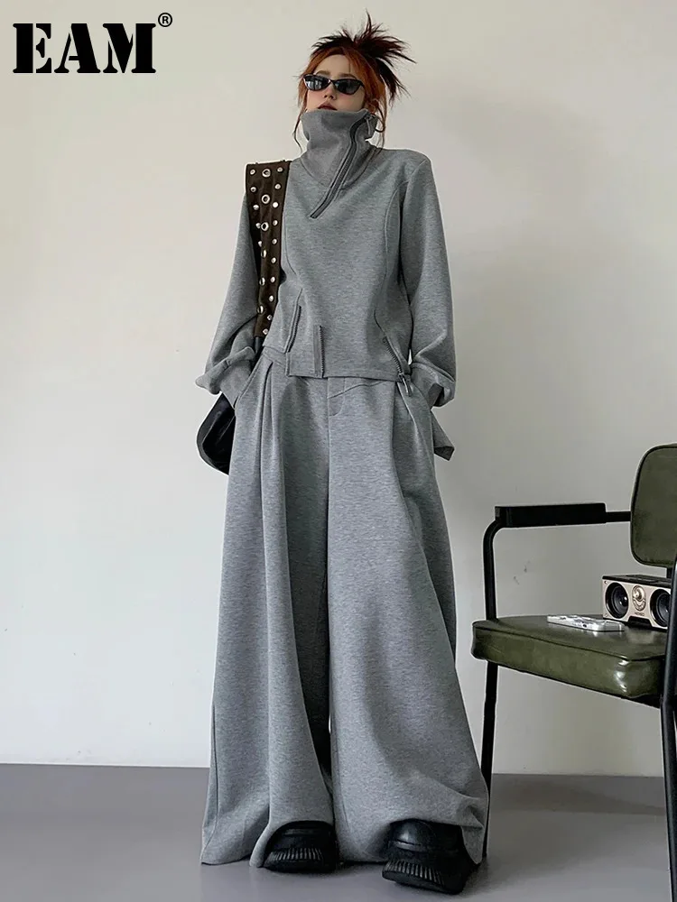 EAM Gray Irregular Zipper Spliced Sweatshirt New Stand Collar Long Sleeve Waist Women Fashion Tide Spring Autumn 2025 30A3036