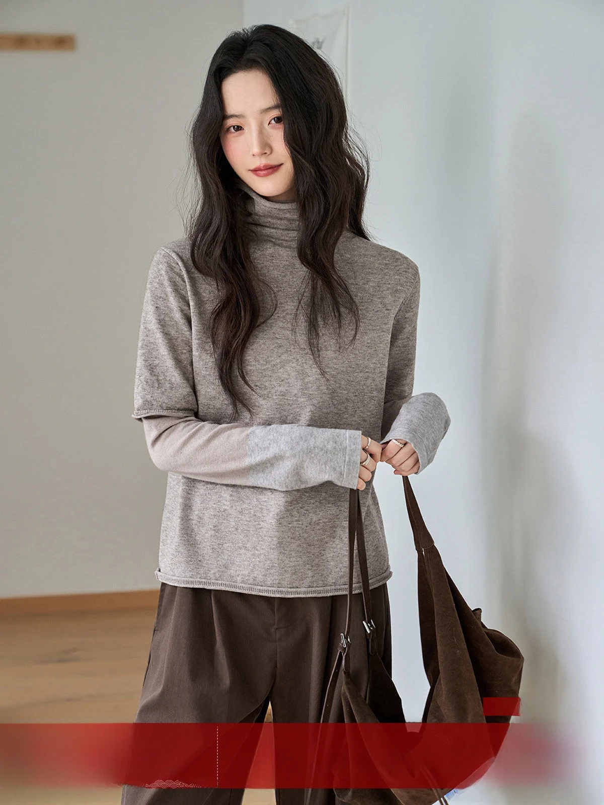 

Женская зимняя вязаная базовая футболка MoZao с длинным рукавом и высоким воротом, свободного кроя, повседневный топ в корейском стиле для офиса