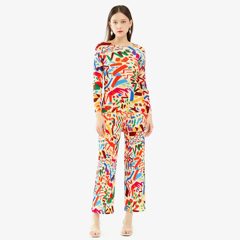 Miyake pleated women's fashion suit  2022 spring new printed long-sleeved vintage tops straight-leg pants for women