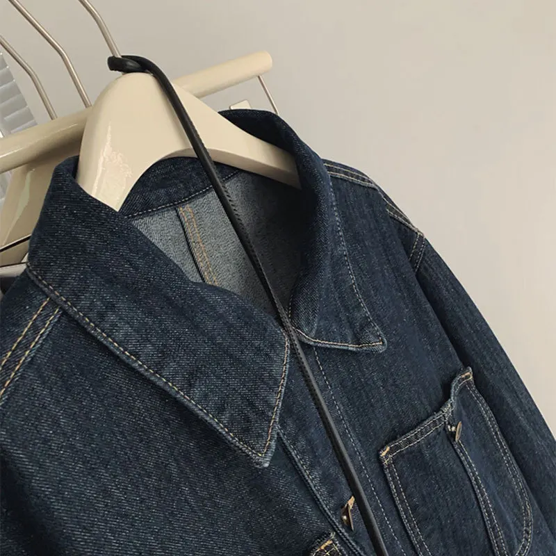 Vintage Denim Coat for Women, Long Sleeve, Lapel, Button Jean Jackets, Monochromatic, Female Fashion, Spring, Autumn, 2023