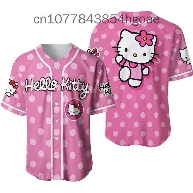 2024 Hello Kitty Baseball Lovely Personalized Cartoon Print Baseball Jersey Shirts Outdoor Sports Casual Men Women Kids Tops