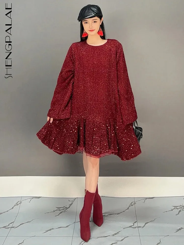 SHENGPALAE Fashion Sequins Dress Women A Line Round Collar Full Sleeve Chic Style New 2024 Temperament Short Dresses 5C1609