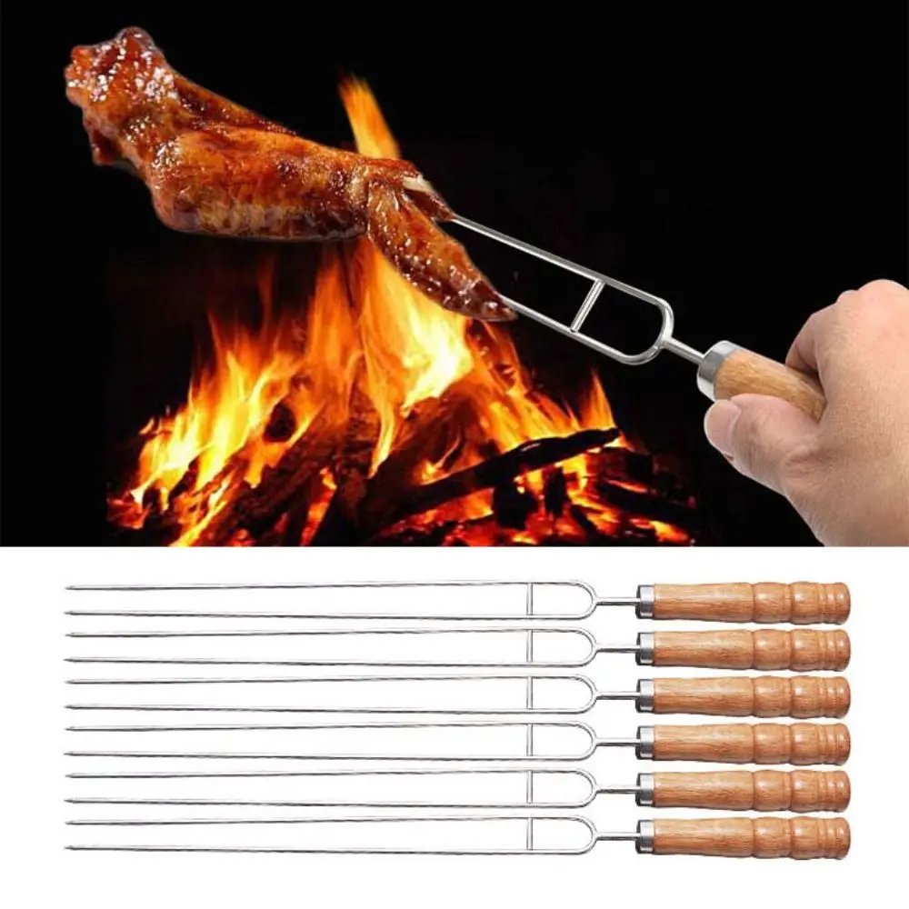 

10pcs Household Reusable BBQ Skewers 2 Prong Wood Handle Barbecue Stick with Storage Bag Stainless Steel Barbecue Needle Meat