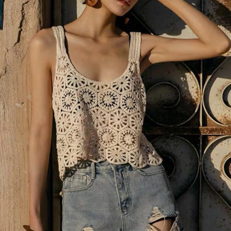 Women Vintage Crochet Cropped Tank Top Boho Hollow Out Knitted Floral Pattern Camisole Summer Sleeveless Cover Up Vest