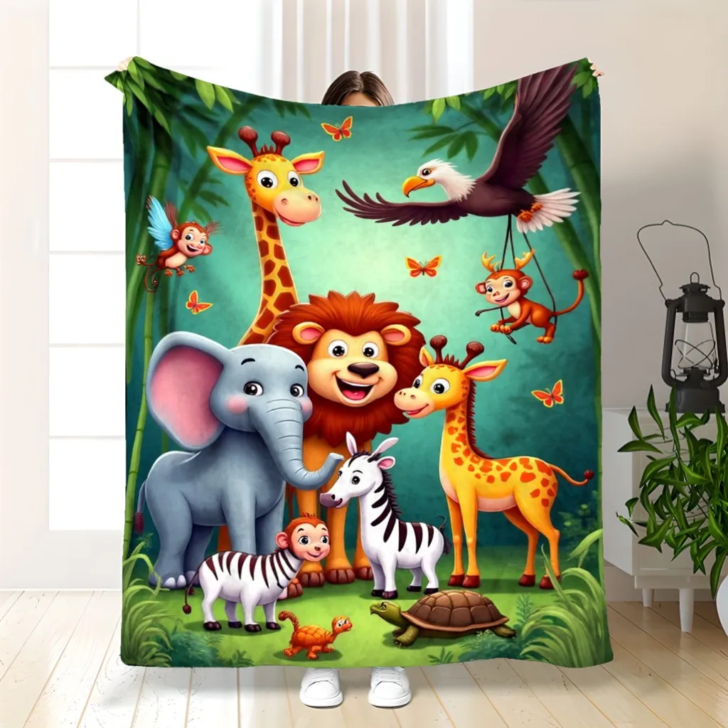 Ultra-Soft Flannel Throw Blanket with 3D Jungle Animals - Elephant, Lion, Giraffe & Monkey Design, Golden-Toned Contemporary Bed