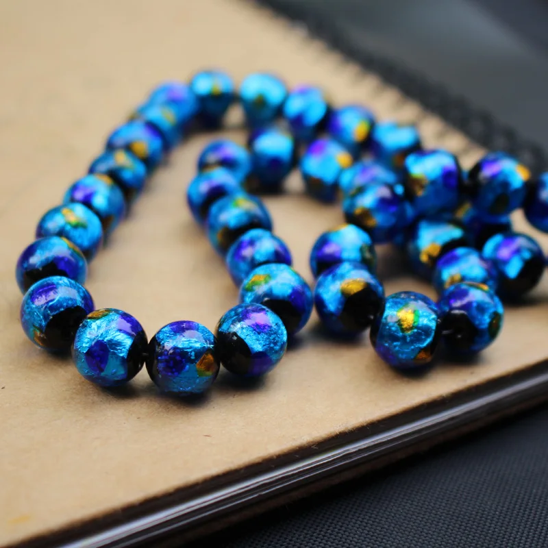 10 12mm Lampwork Glass Beads  Ocean Blue foil with blue orange dots  Round Beads for jewelry Making Accessories Japanese Style