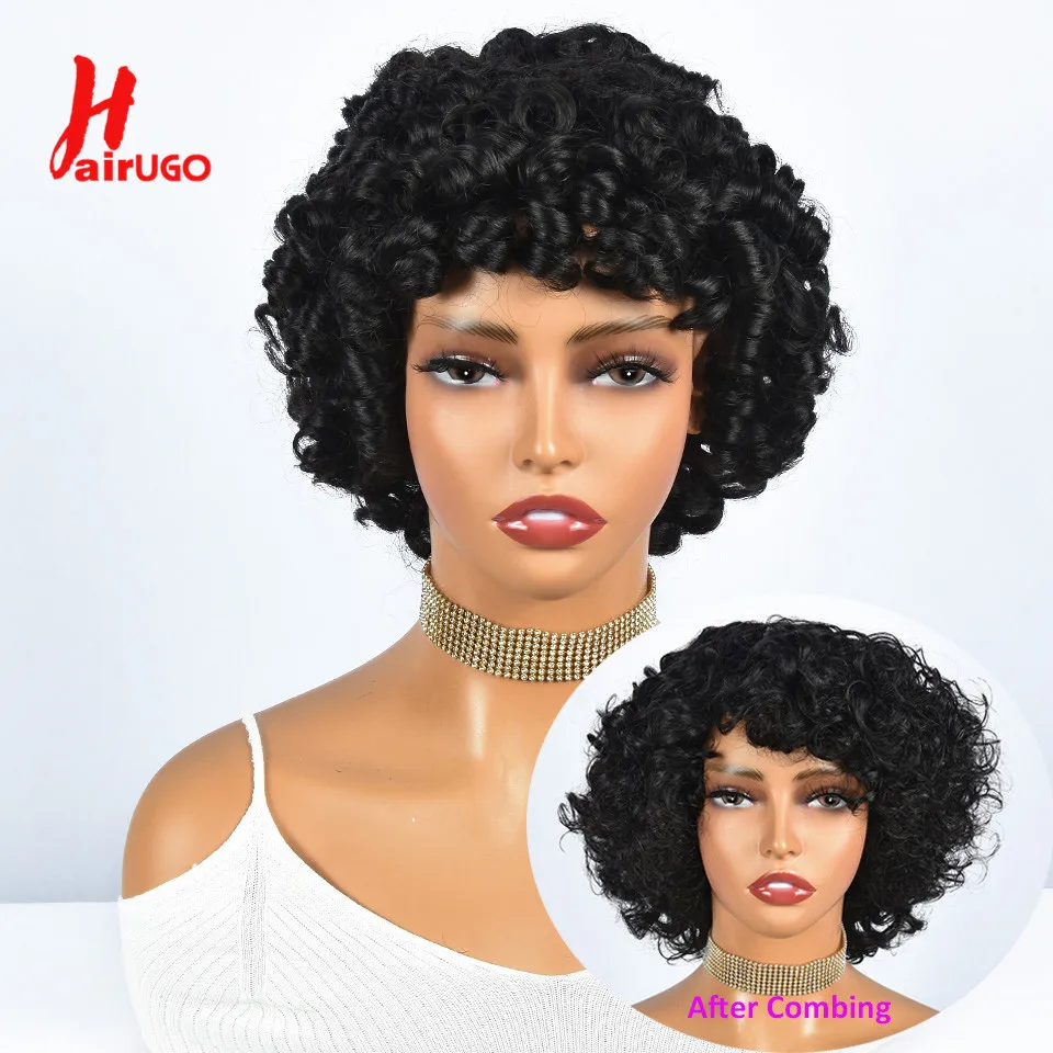 Highlight Lockige Pixie-Cut-Perücken aus Echthaar, Kleberlose Perücken mit Pony, Vollständig maschinell gefertigte Perücken mit Pony, Echthaarperücken Hairugo – Detail 11