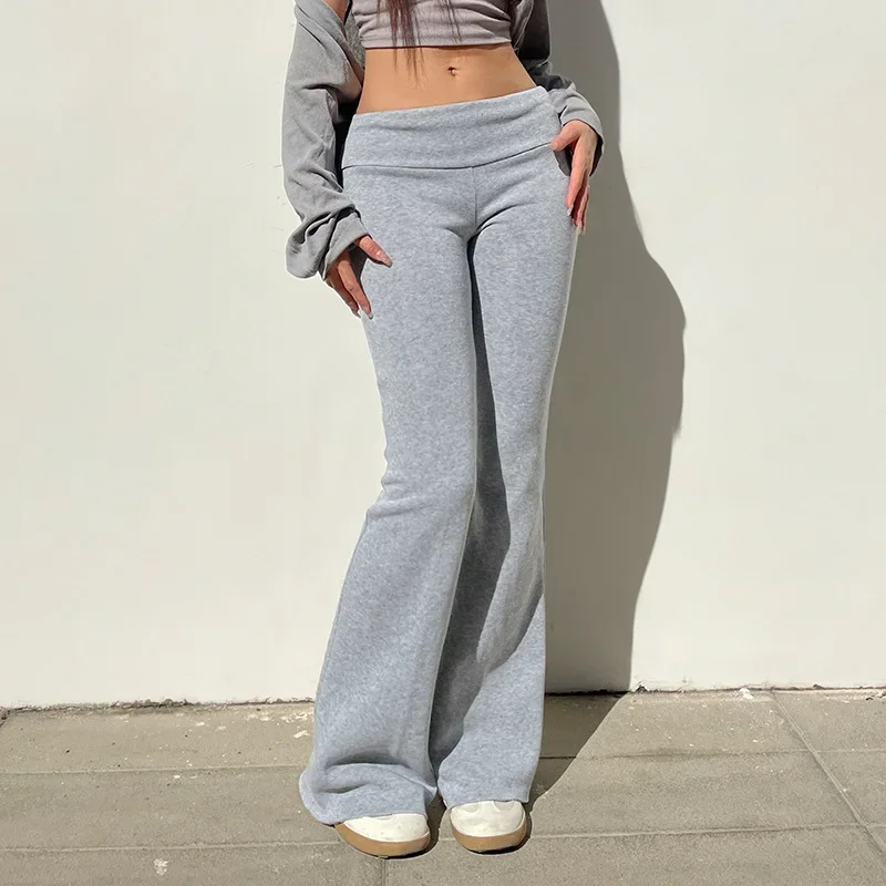 Gray Womens Fold Over Waistband Low Rise Flared Pants Sweatpants Winter Fleece Lined Solid Leggings Wide Leg Yoga Pants