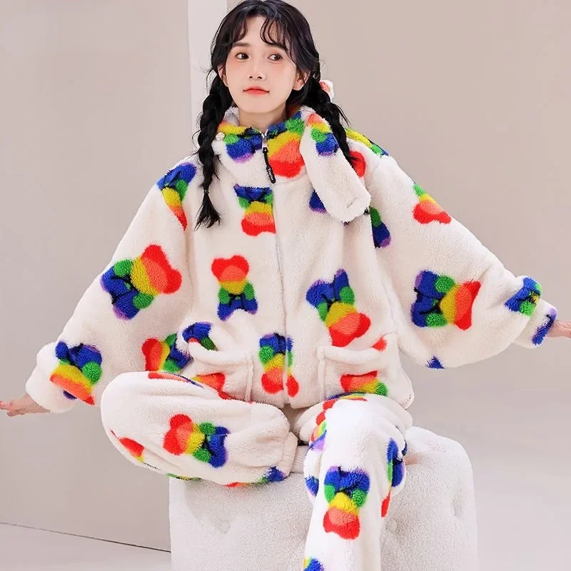 

2024 New Women Pajama Plus Fleece Thick Sleepwear Coral Velvet Loose Homewear Hooded Bear Nightwear Suit Warm Loungewear