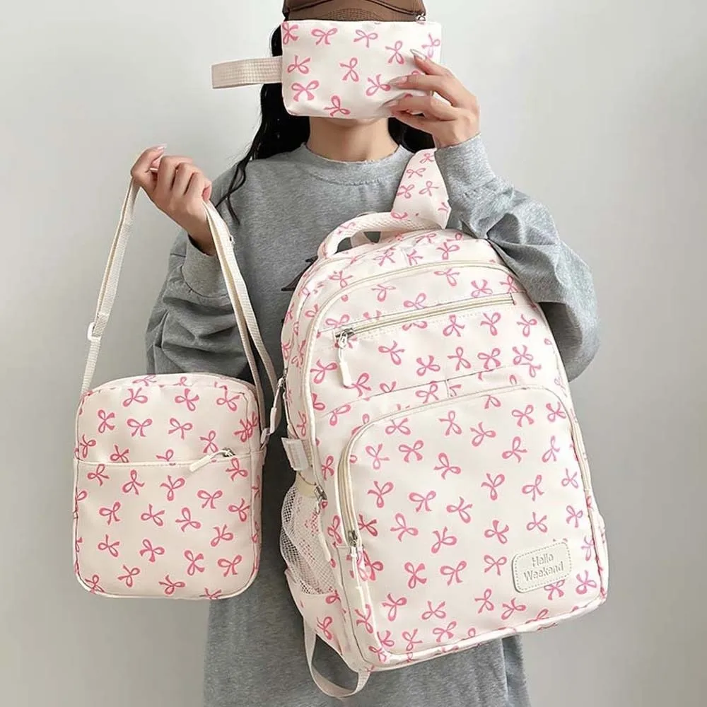 

Daypack Three-piece School Bag Set Casual Large Capacity Nylon Bow Backpack Scratch Prevention Fixed Webbing Students School Bag