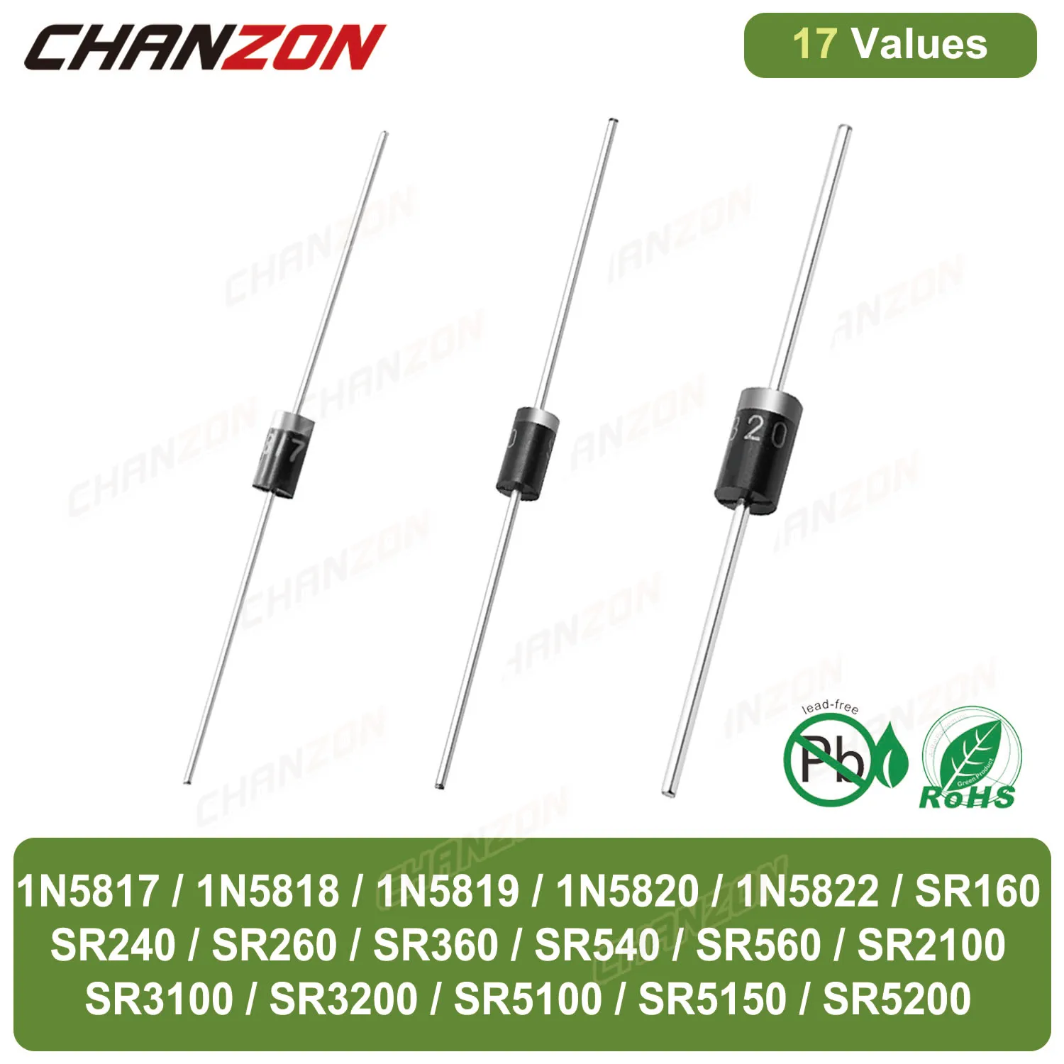 17 Values Schottky Barrier Rectifier Diode 1N5819 1N5822 1N5817 SR5100 SR3100 SR560 SR5200 1N5818 SR360 SR160 SR540 SR5150 SR240