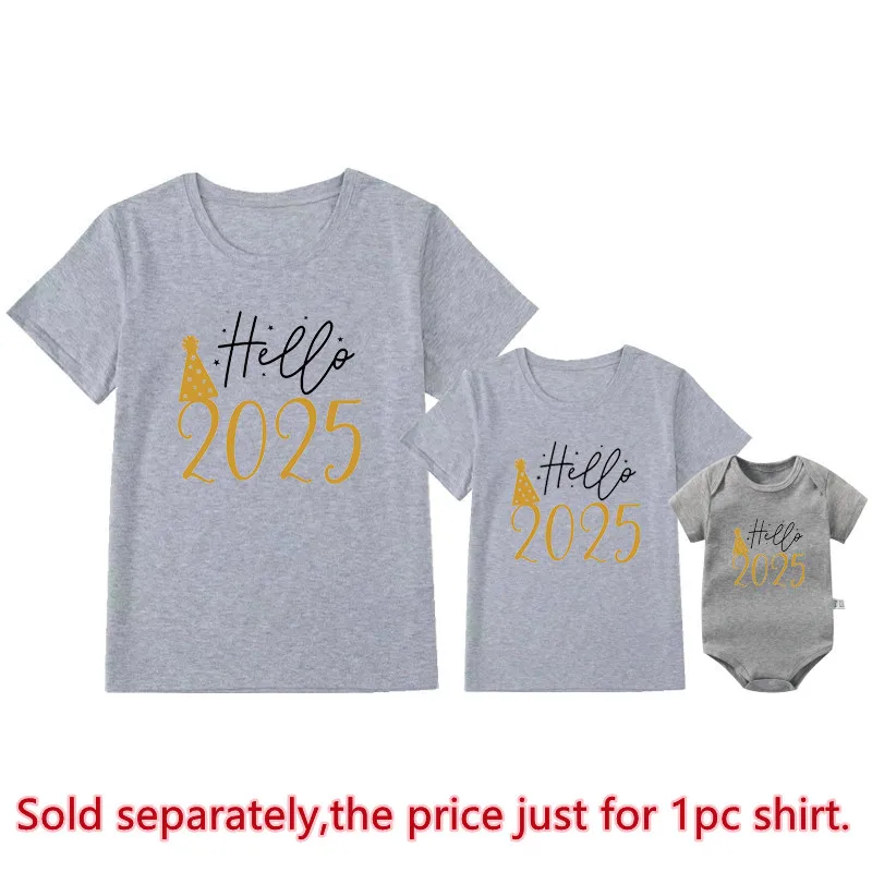 Funny Hello 2025 Family Matching Outfits Cotton Mother Father and Daughter Son Kids Tshirts Baby Romper Look New Year\'s Clothes