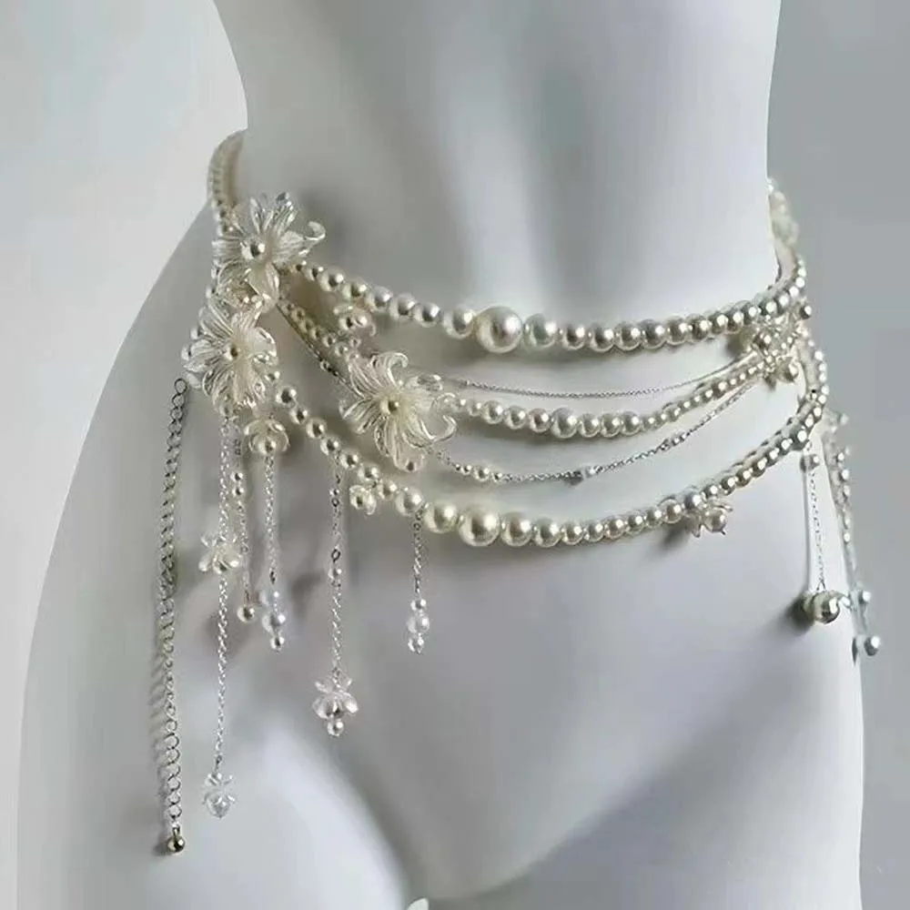 

Y2K Designer Belt Multilayer Pearl Waist Chain for Women's Fashion Retro Character Playing clothes Accessories Party Belts