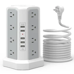 Surge protection flat plug multi-socket tower, 16 sockets and 5USB ports, 3 meter cable, suitable for home and office