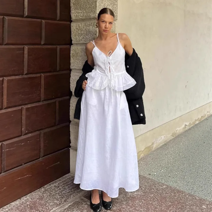 

2025 New Fashionable Backless Top + Skirt Two-piece Sets Women Summer Sexy And Elegant Solid Color Strappy Skirt Suit For Women