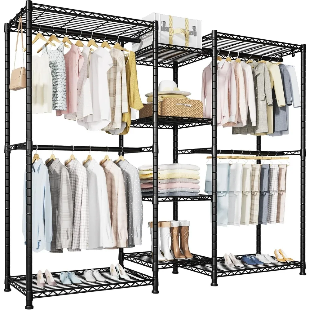 Metal Freestanding Closet Organizer and Storage System, Heavy Duty Clothing Wardrobe with 8 Shelves and 4 Hanger Rods,