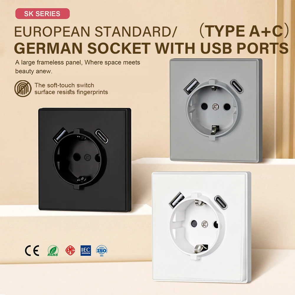 JOYHOPE New Model SK Series Matte Frameless PC Plate European Wall Switch and Socket, Type E/F Wall Socket Outlet