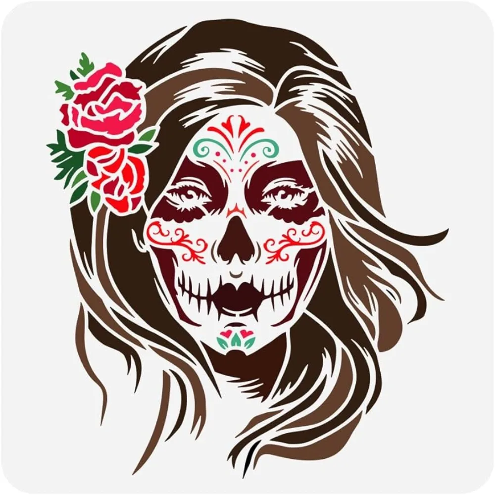 Painting Stencil 11.8x11.8 inch Reusable Zombie Girl Pattern Drawing Template DIY Skeleton Flower Woman Deoration Stencil